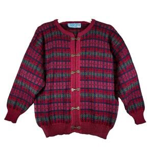 British Wool Sweater Women Large Red Plaid Nordic Cardigan Boho Bohemian Vintage